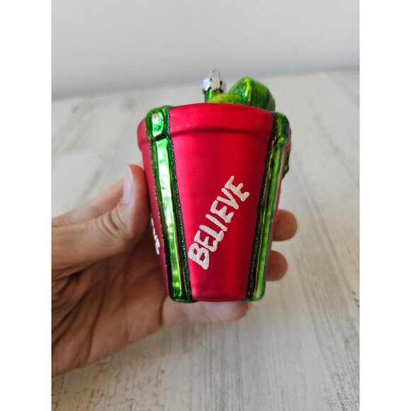 Believe present glass ornament Xmas tree glitter red green - Picture 3 of 7